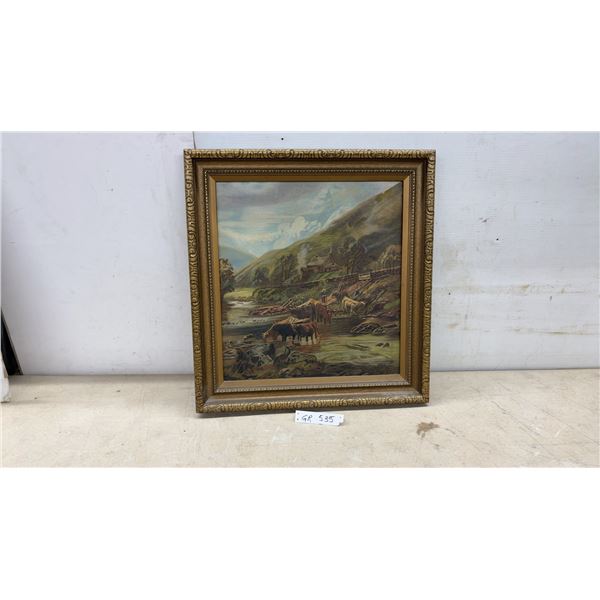 Framed "Crossing the Ford" Pastoral Landscape Painting on Devoe Academy Board, Circa 1930s
