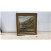 Image 1 : Framed "Crossing the Ford" Pastoral Landscape Painting on Devoe Academy Board, Circa 1930s
