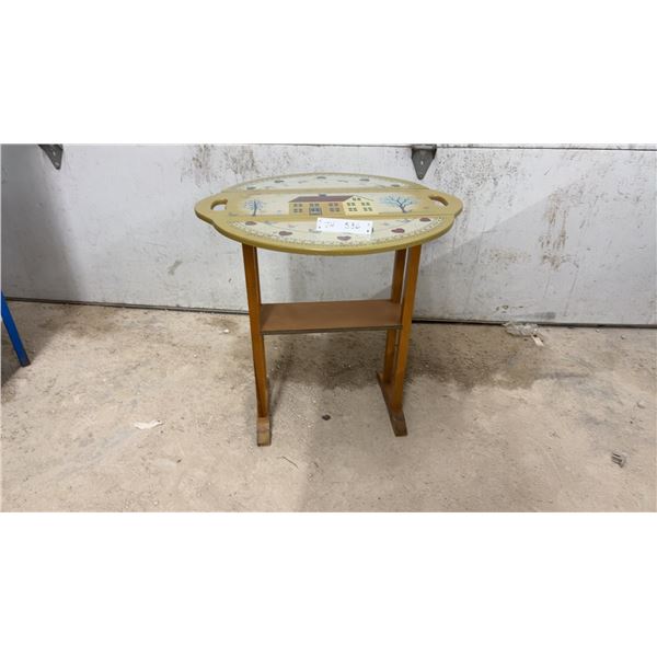 Hand-Painted Folk Art Wooden Drop-Leaf Accent Table with Handles and Lower Shelf