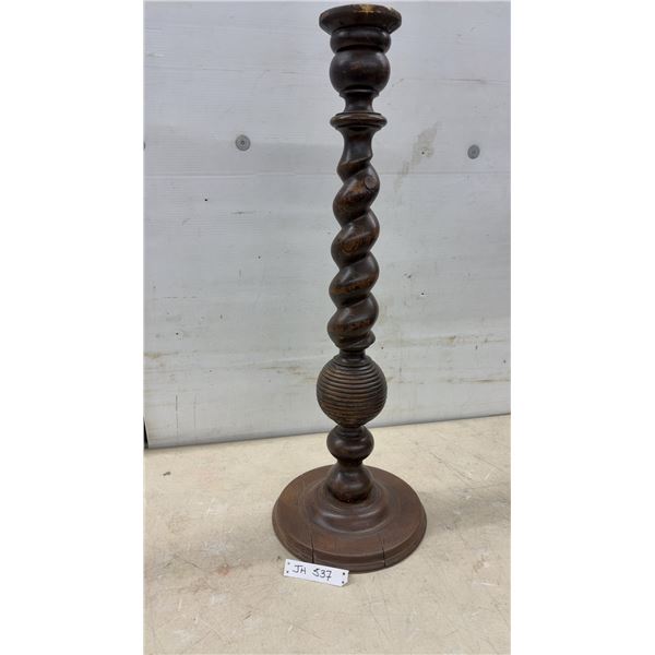 Antique Turned Wood Barley Twist Candlestick Holder With Ribbed Sphere and Stepped Base, 34" Tall