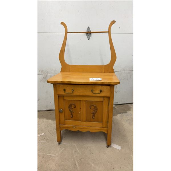 Antique Wooden Washstand, Carved Scroll Cabinet Doors, 29 x 26 x 18" Plus Harp