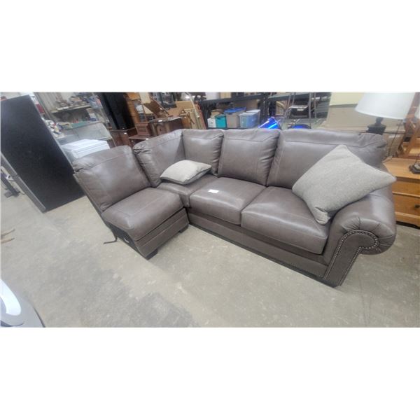 Taupe Leather-Look Sectional Sofa with Nailhead Trim and More 100""One Way and 64" the Other Way