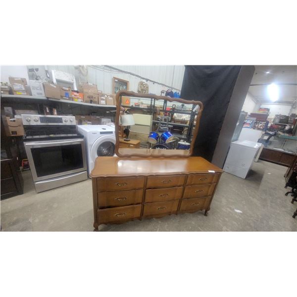 French Provincial Nine-Drawer Triple Dresser with Matching Ornate Mirror, Light Brown Wood