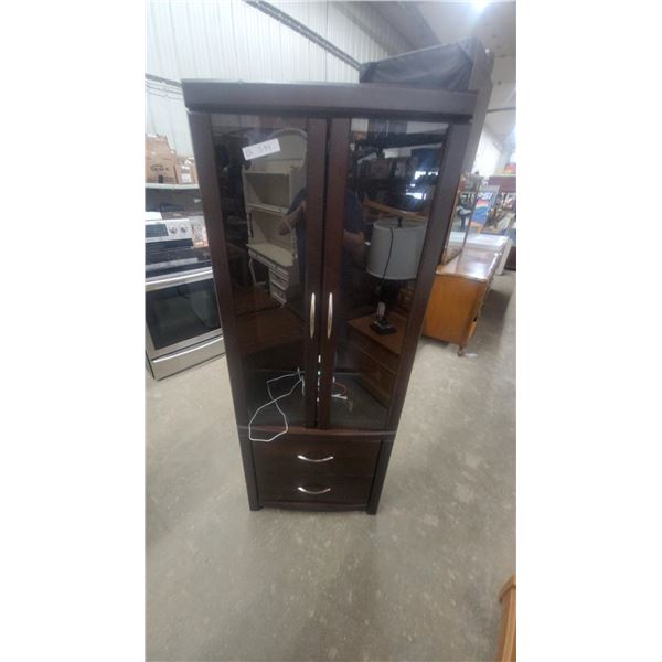 Dark Brown Wooden Corner Display Cabinet with Two Glass Doors and Two Drawers 66 x 26 x 16"