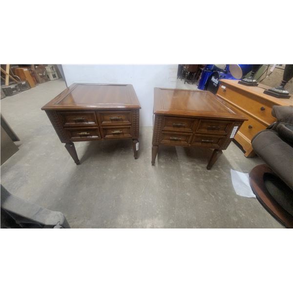 Pair of Vintage Wooden End Tables With Faux Drawer Fronts and Brass Bamboo-Style Pulls