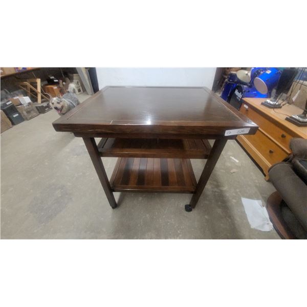 Mobile Wooden Kitchen Island Utility Cart with Two Slatted Shelves and Casters 32 x 32 x 27"