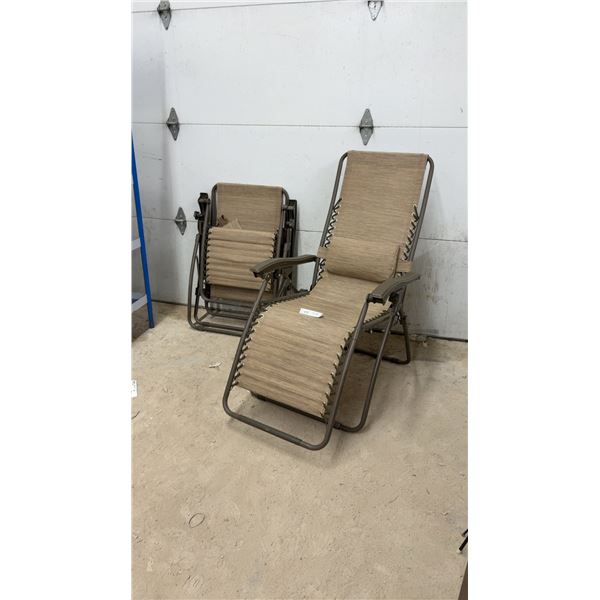 Pair of Folding Zero-Gravity Reclining Lounge Chairs with Tan Mesh and Headrest Pillows