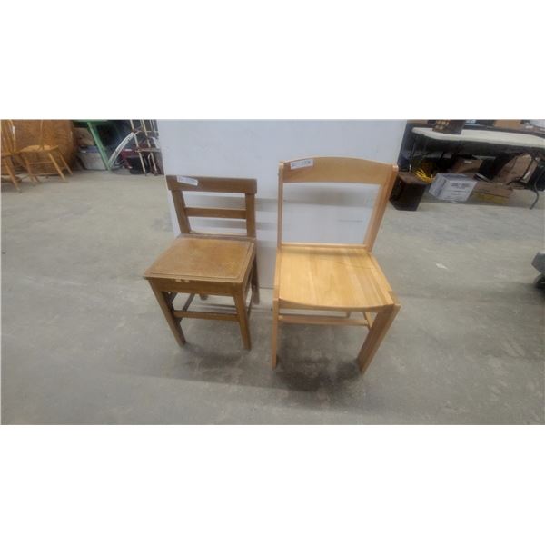 Two Wooden Chairs, Light Modern with Curved Back and Darker Traditional with Slatted Back