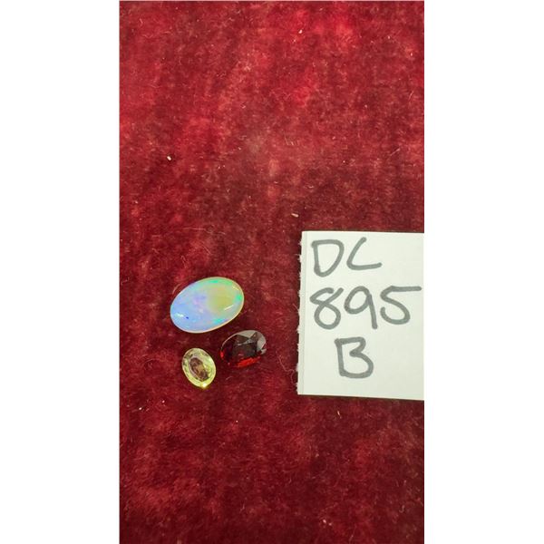 3 Gemstone Lot: Oval Opal Cabochon, Faceted Red Garnet, and Yellow-Green Gemstone