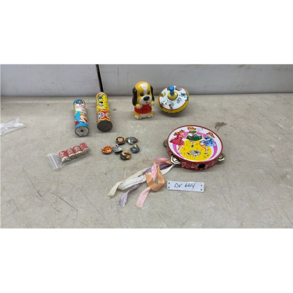 Vintage Tin Toy Lot: Tambourine, Spinning Top, Kaleidoscopes, Dog Bank, Safari Button Covers