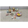 Image 1 : Vintage Tin Toy Lot: Tambourine, Spinning Top, Kaleidoscopes, Dog Bank, Safari Button Covers