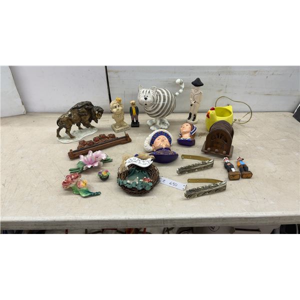 Shelf Decor: Porcelain Delicate Flowers, Coasters, Chicken Planter, Bobble Ceramic Cat & More