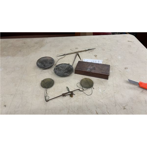 Antique Portable Balance Scales with Brass and Darker Pans, Wooden Storage Box and More