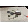 Image 1 : Antique Portable Balance Scales with Brass and Darker Pans, Wooden Storage Box and More