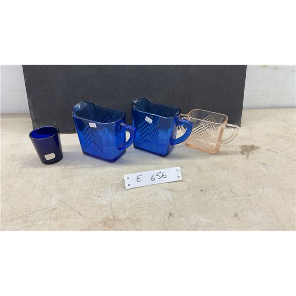 Indiana Glass Pyramid Pattern Depression-Era Creamers, Sugar Bowl, and Cobalt Tumbler