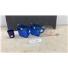 Image 1 : Indiana Glass Pyramid Pattern Depression-Era Creamers, Sugar Bowl, and Cobalt Tumbler
