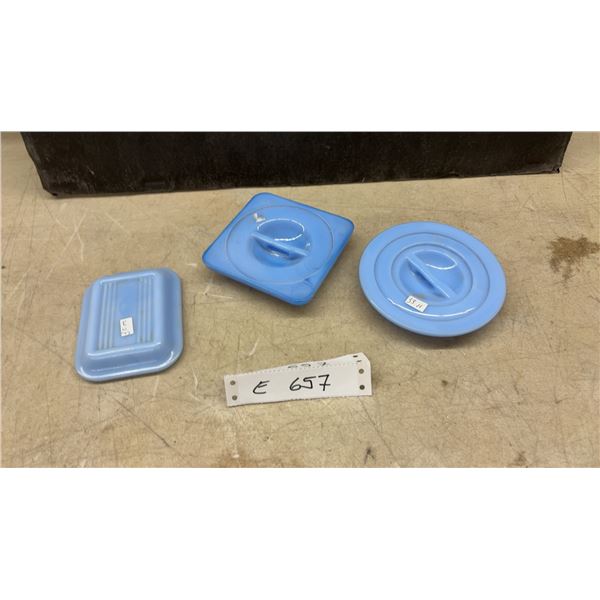 Vintage Jeannette Delphite Milk Glass Refrigerator Dish Lids, Set of 3