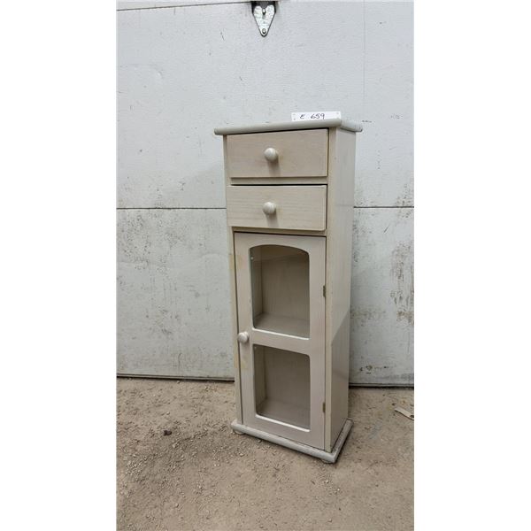 Distressed White Wooden Accent Cabinet with Two Drawers and Glass-Front Door, 34 x 11 1/2 x 7"