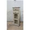 Image 1 : Distressed White Wooden Accent Cabinet with Two Drawers and Glass-Front Door, 34 x 11 1/2 x 7"