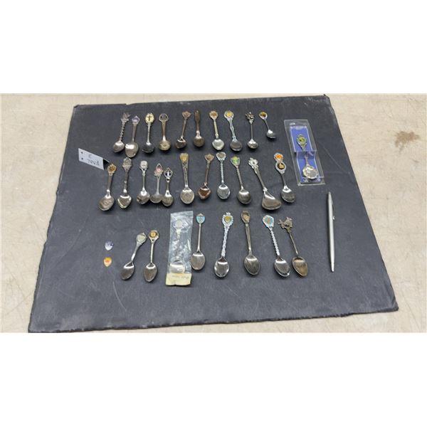 Collection of Vintage Souvenir Spoons with Enameled Crests and a Pen