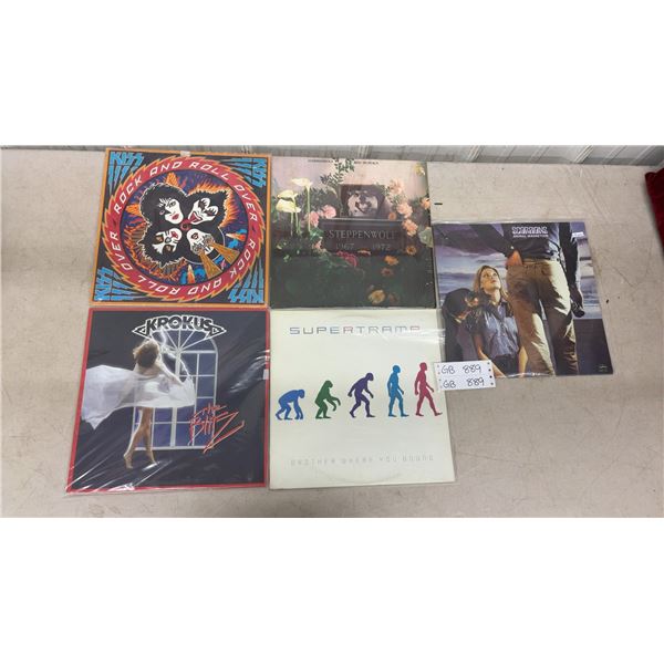 5 Rock LPs: Kiss Rock and Roll over, Steppenwolf, Scorpions Animal Magnetism, Supertramp and Krokus