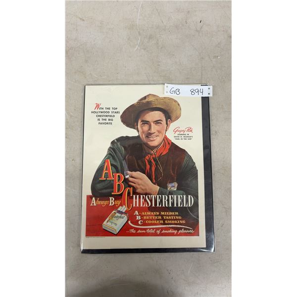 1947 Chesterfield Cigarettes Print Advertisement Poster Featuring Gregory Peck - 11.5 x 14.5"