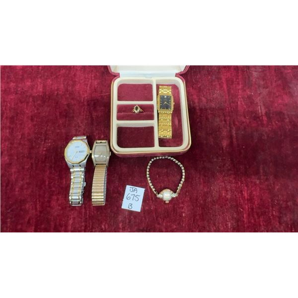 2 Vintage Watches, 1 Ring Red Stone With Diamond Like Stones Gold Colour, and Men's Citizen Watch