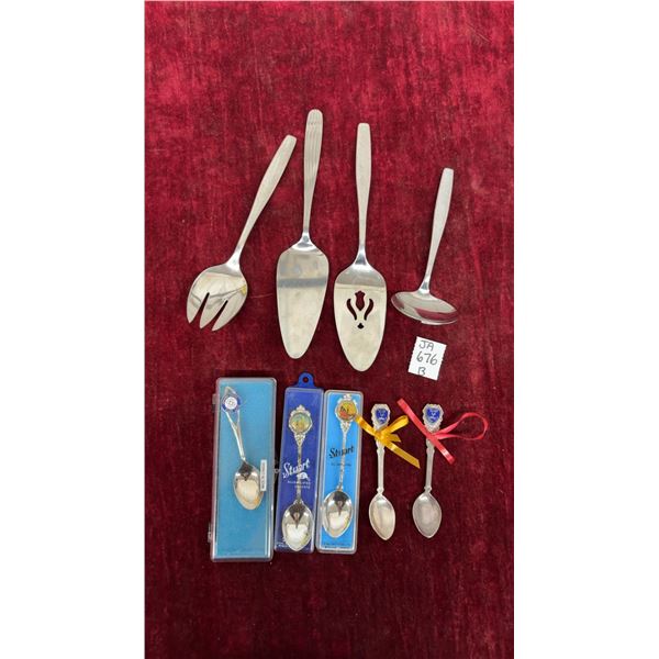 Rogers Cutlery Stainless Serving Utensils and Stuart Silver-Plated Souvenir Spoons