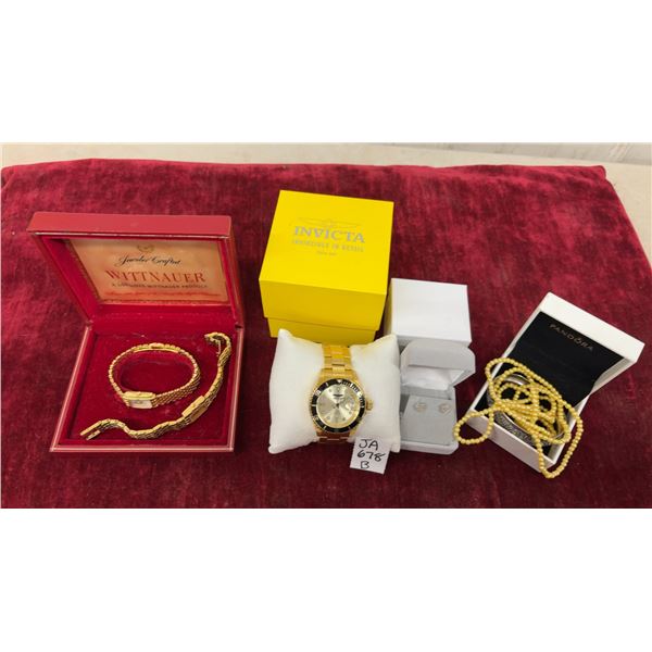 Invicta Watch, Unmarked Silver Bangle, Diamond Flower Earrings and 2 Gold Wittnauer Watches