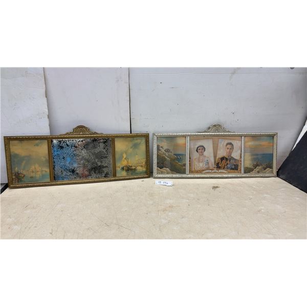 Two Framed Triple-Panel Pictures: King George VI and Queen Elizabeth, and Seascape, 14 x 32 1/2"