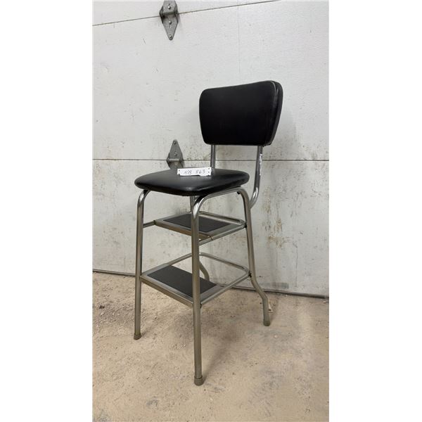 Vintage Chrome & Black Vinyl Kitchen Step Stool Chair w/ 2 Steps