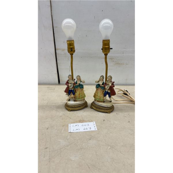 Pair of Figural Table Lamps with Man Playing Mandolin & Woman in Gown, 15" High, No Shades