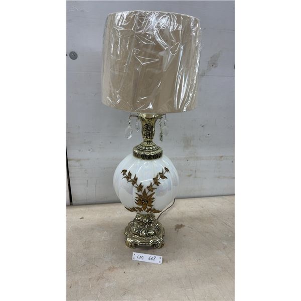 Ornate Table Lamp with Shade & Crystal Drops, White Iridescent Glass & Brass Base, 31" H