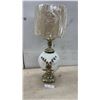 Image 1 : Ornate Table Lamp with Shade & Crystal Drops, White Iridescent Glass & Brass Base, 31" H