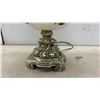 Image 2 : Ornate Table Lamp with Shade & Crystal Drops, White Iridescent Glass & Brass Base, 31" H