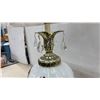 Image 4 : Ornate Table Lamp with Shade & Crystal Drops, White Iridescent Glass & Brass Base, 31" H