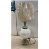 Image 6 : Ornate Table Lamp with Shade & Crystal Drops, White Iridescent Glass & Brass Base, 31" H