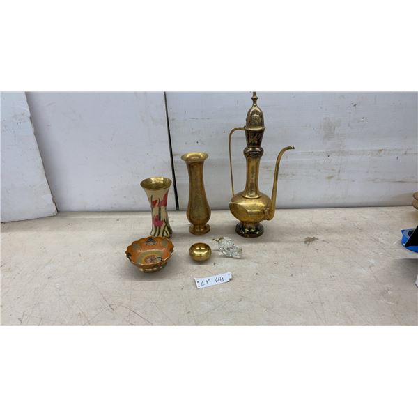 Brass Vases, Pitcher, & Bowl; Small Brass Bowl; Glass Grape Cluster; & More