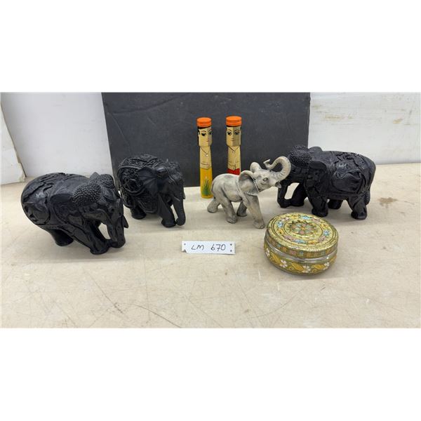 Carved Elephant Figures from India, Indian Folk Art Statues & Tin Box