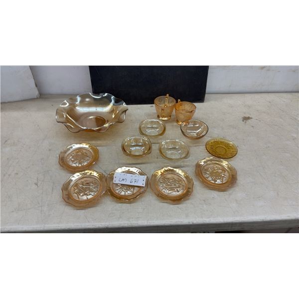 Carnival Glass Lot: Ruffled Bowl, Creamer & Sugar, 3 Small Bowls, 6 Plates, & More