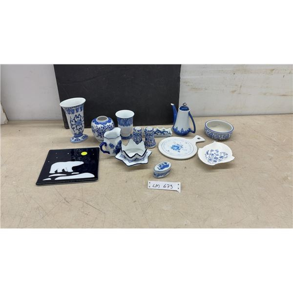 Blue & White Porcelain Lot: Vase, Jar, Mug, Creamer, Teapot, 2 Shakers, Dish, Bowl, & More
