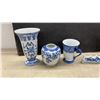 Image 2 : Blue & White Porcelain Lot: Vase, Jar, Mug, Creamer, Teapot, 2 Shakers, Dish, Bowl, & More