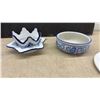 Image 5 : Blue & White Porcelain Lot: Vase, Jar, Mug, Creamer, Teapot, 2 Shakers, Dish, Bowl, & More