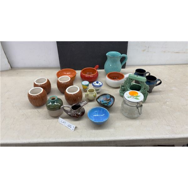 Assorted Pottery & Ceramics: 4 Brugal Coconut Cups, 2 Blue & Black Mugs, & More