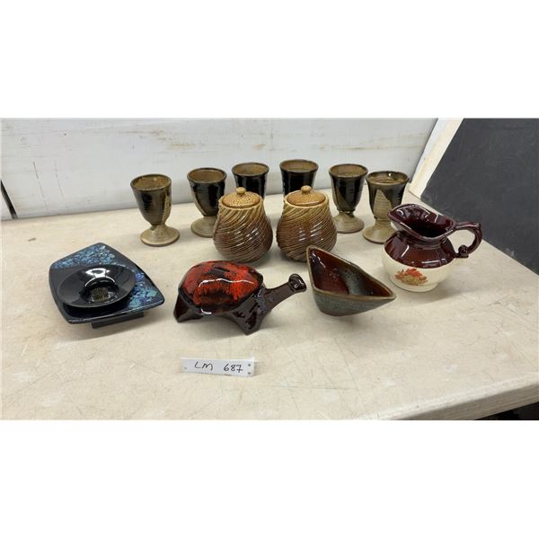 Assorted Pottery & Ceramics: (2) Lidded Jars, (6) Goblets, Creamer, Turtle Bank & More