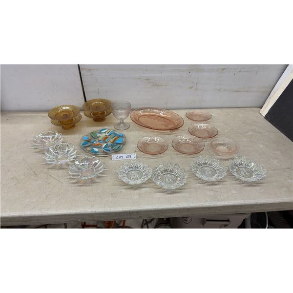 Pink Depression Glass & Carnival Glass Lot: Oval Platter, 5 Bowls, 4 Plates, 2 Compotes, & More