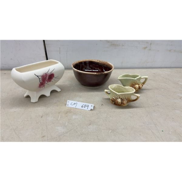McCoy Pottery Acorn Pattern Ceramic Creamers, Planter, and Brown Glazed Bowl, Late 1940s-1950s