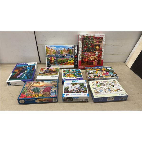 9 Assorted 500 and 1000 Piece Jigsaw Puzzles Including Eurographics Amsterdam, Cobble Hill