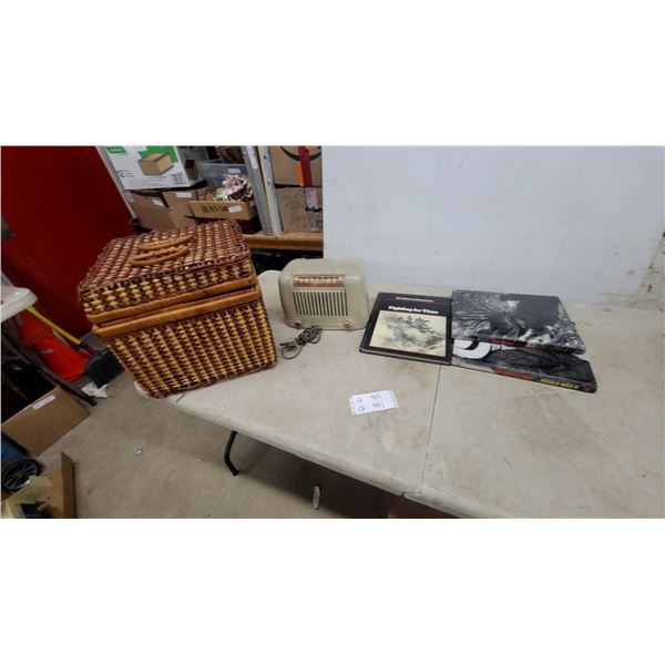 Vintage Cadillac Addison Beige Bakelite Tabletop Radio, Wicker Picnic Basket and Military History