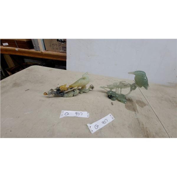 Carved Jade Mythical Bird and Floral Ornamental Sculptures, Vintage